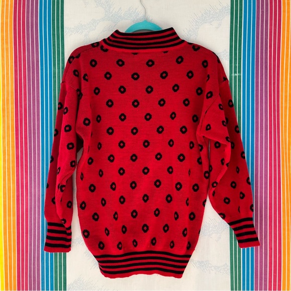 Vintage 90s Red Black Polka Dot Acrylic Sweater small clown funky bold - Picture 7 of 9